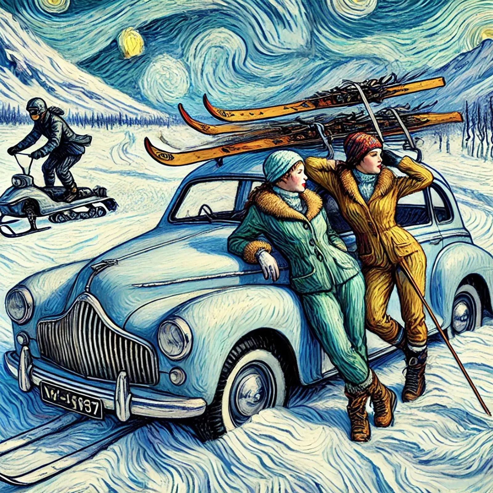 Skiing Ladies Snowmobile carta hahnemühle da Vintage Van Gogh