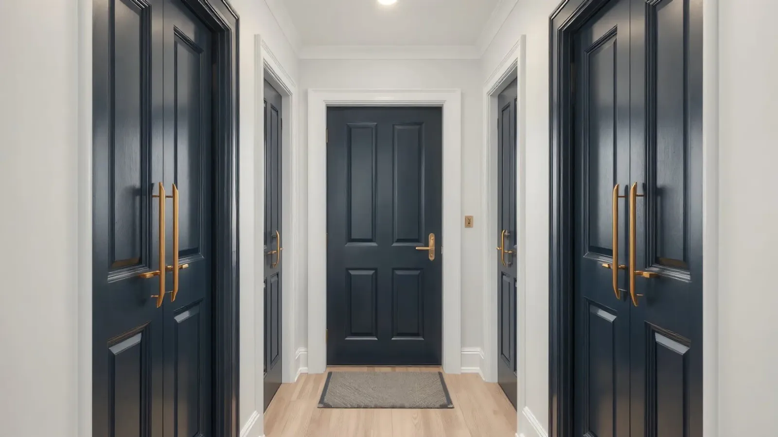 Elegante corridoio con porte blu scuro e arredamento moderno poster con telaio in plastica da DesignDoodle