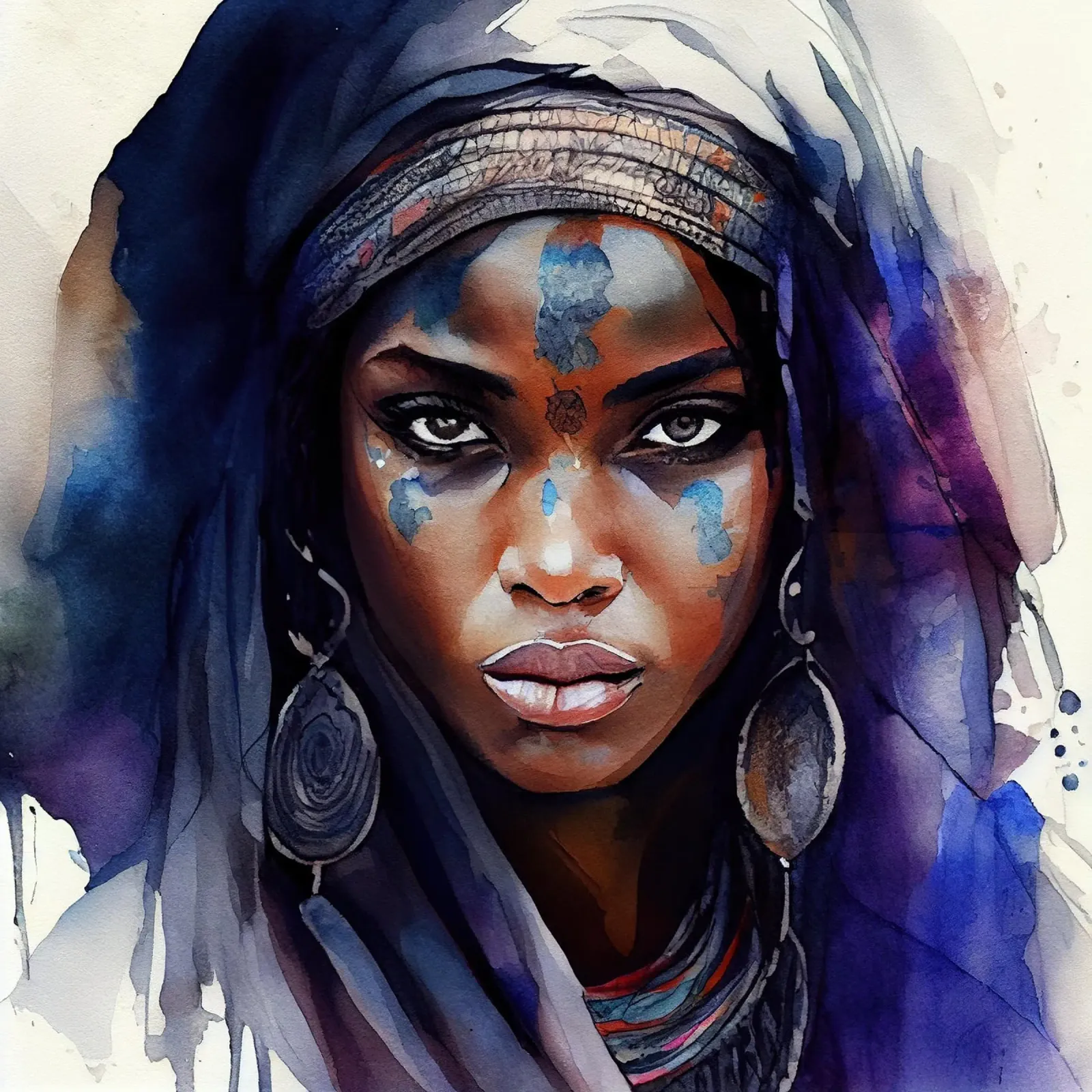 Acquerello Donna Tuareg poster con telaio in alluminio da Chromatic Fusion Studio