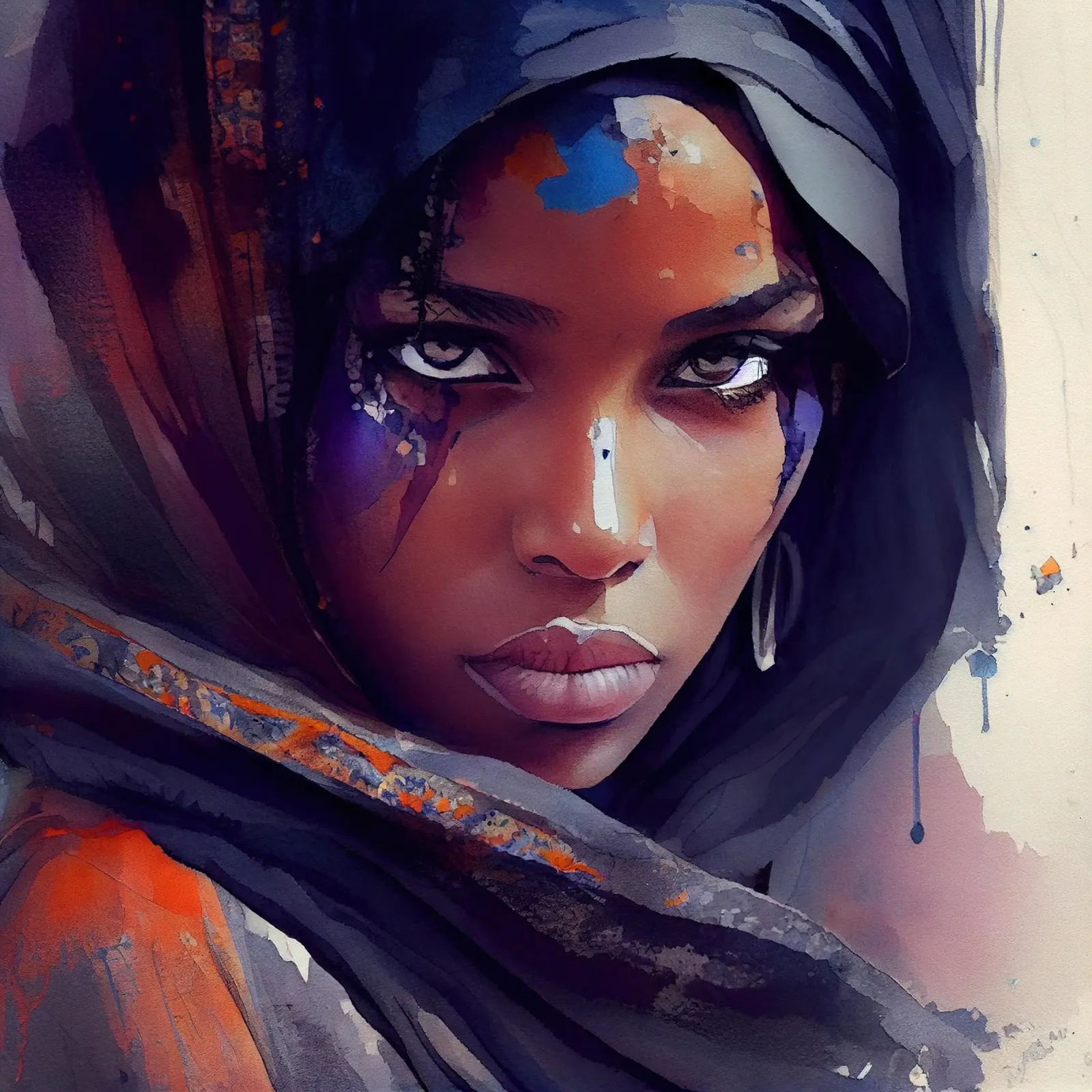 Acquerello Donna Tuareg pellicola backlit da Chromatic Fusion Studio