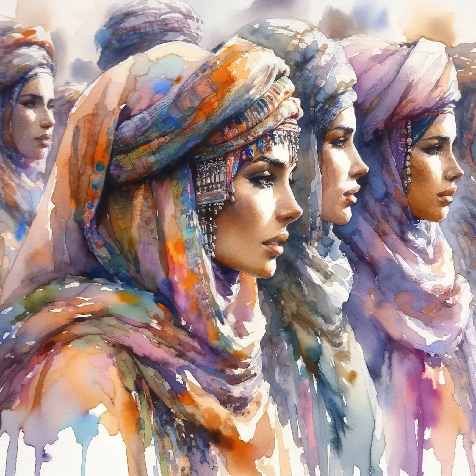 Acquerello Donne Tuareg pellicola backlit da Chromatic Fusion Studio