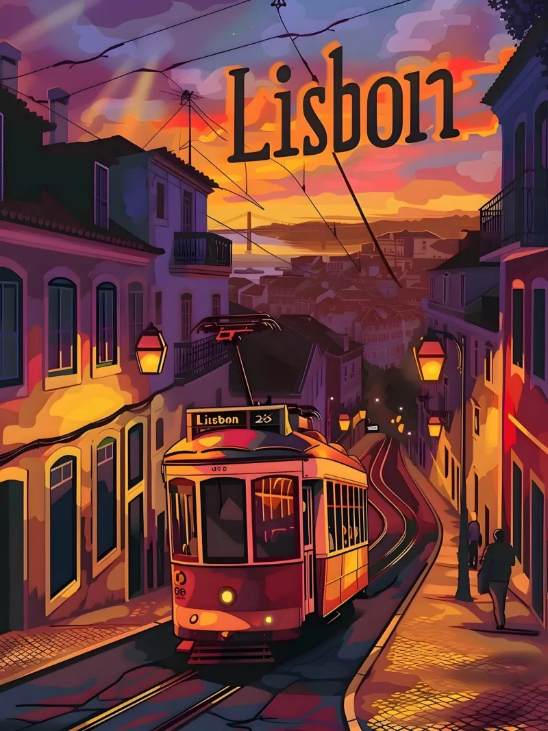Lissabon bei Nacht poster con telaio in plastica da Vintage Travel Art