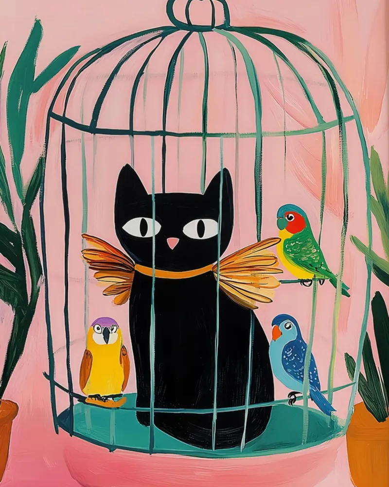 Matisse Budgies con gatto carta hahnemühle da animals_studio