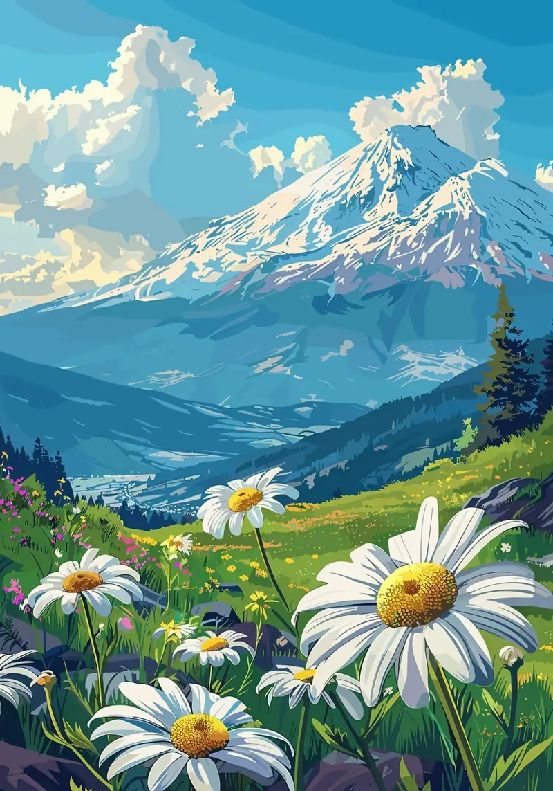 montagna neve margherite nuvole cielo alberi erba poster con telaio in plastica da minerva santiago