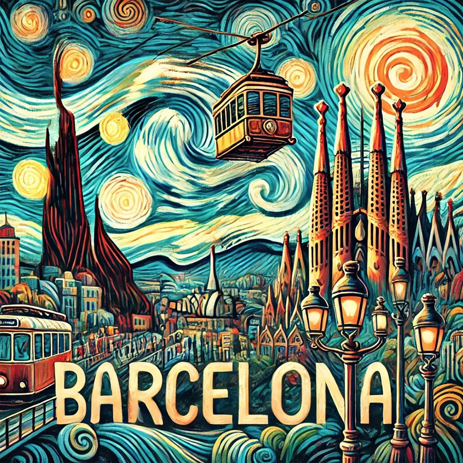 BARCELONA Van Gogh Style poster con telaio in legno da Vintage Van Gogh