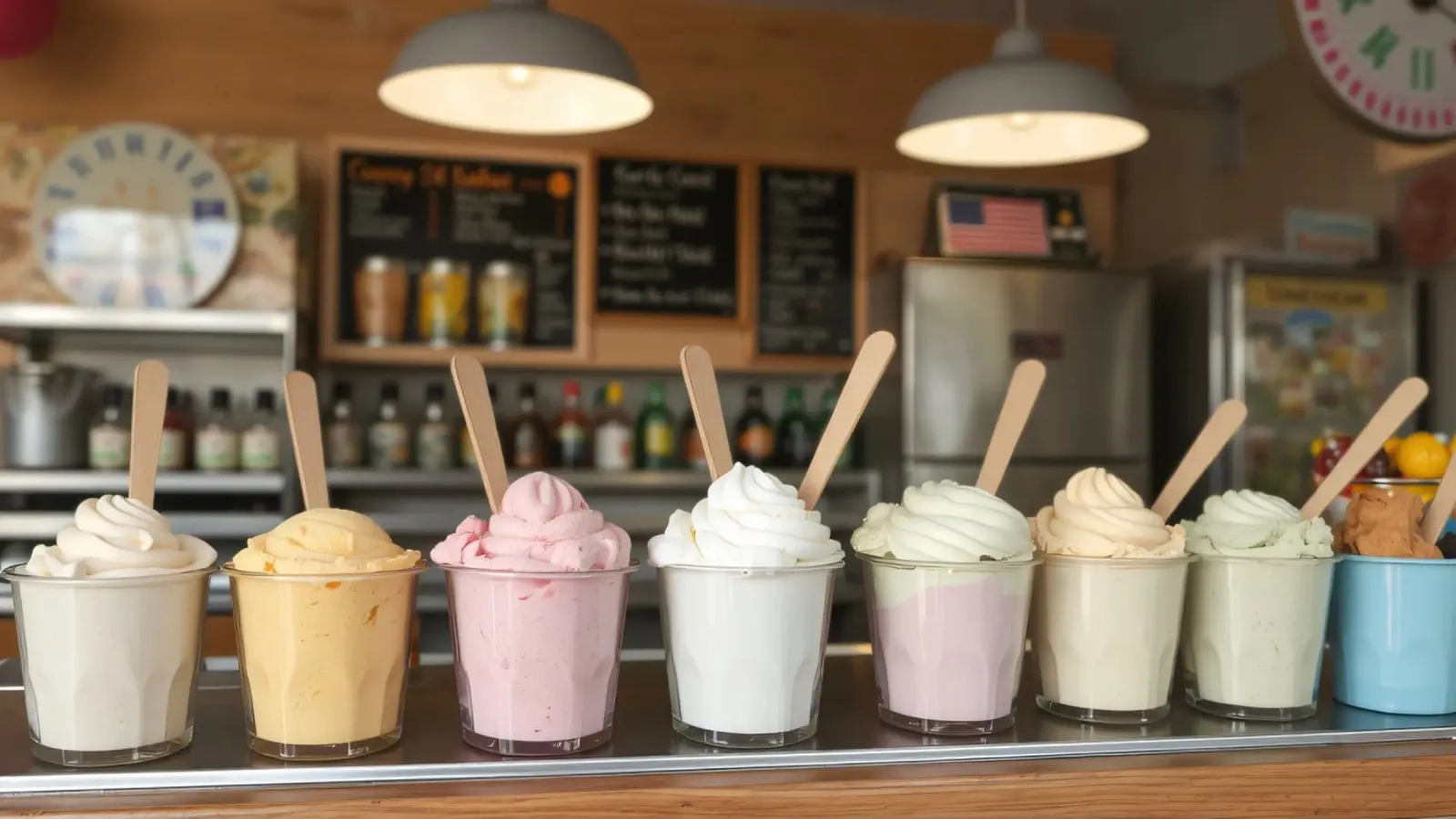 Varietà di deliziosi gusti di gelato soft serve esposti pellicola backlit da DesignDoodle