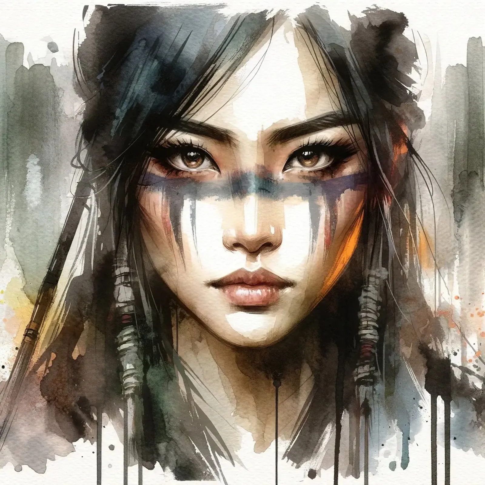 Etherisch Aziatisch Krijgergezicht canvas met Baklijst van Chromatic Fusion Studio