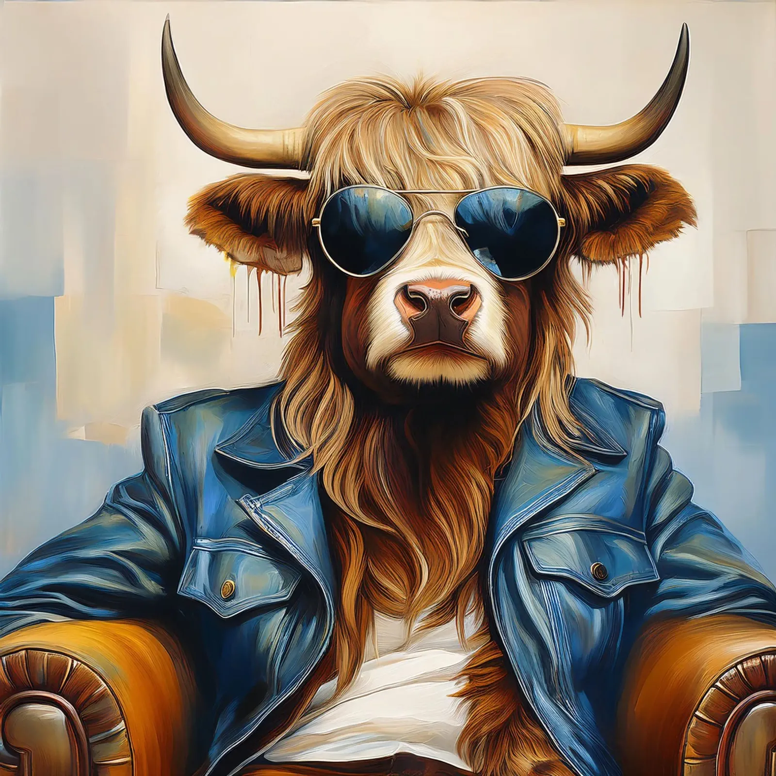 Mucca Highland che si rilassa con occhiali da sole e giacca blu pellicola backlit da Take Your Art BV