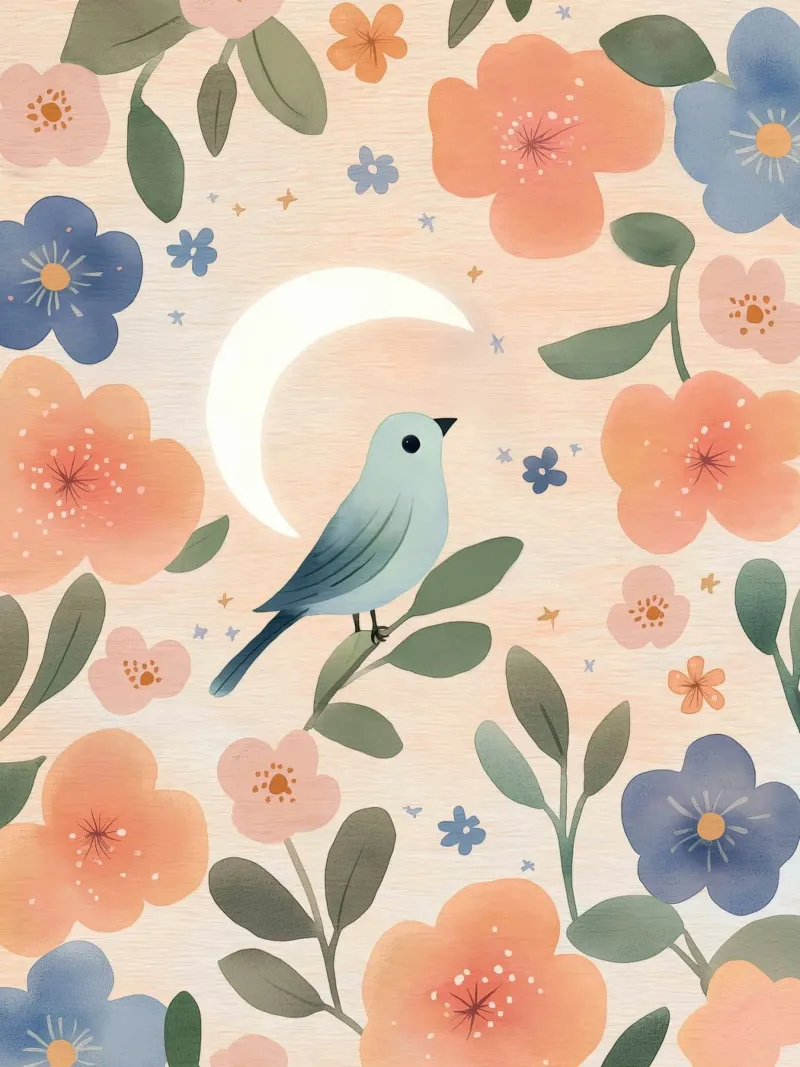 Uccello Boho con piuma Luna Fiori botanici vintage pellicola backlit da Gentle Echoes Art
