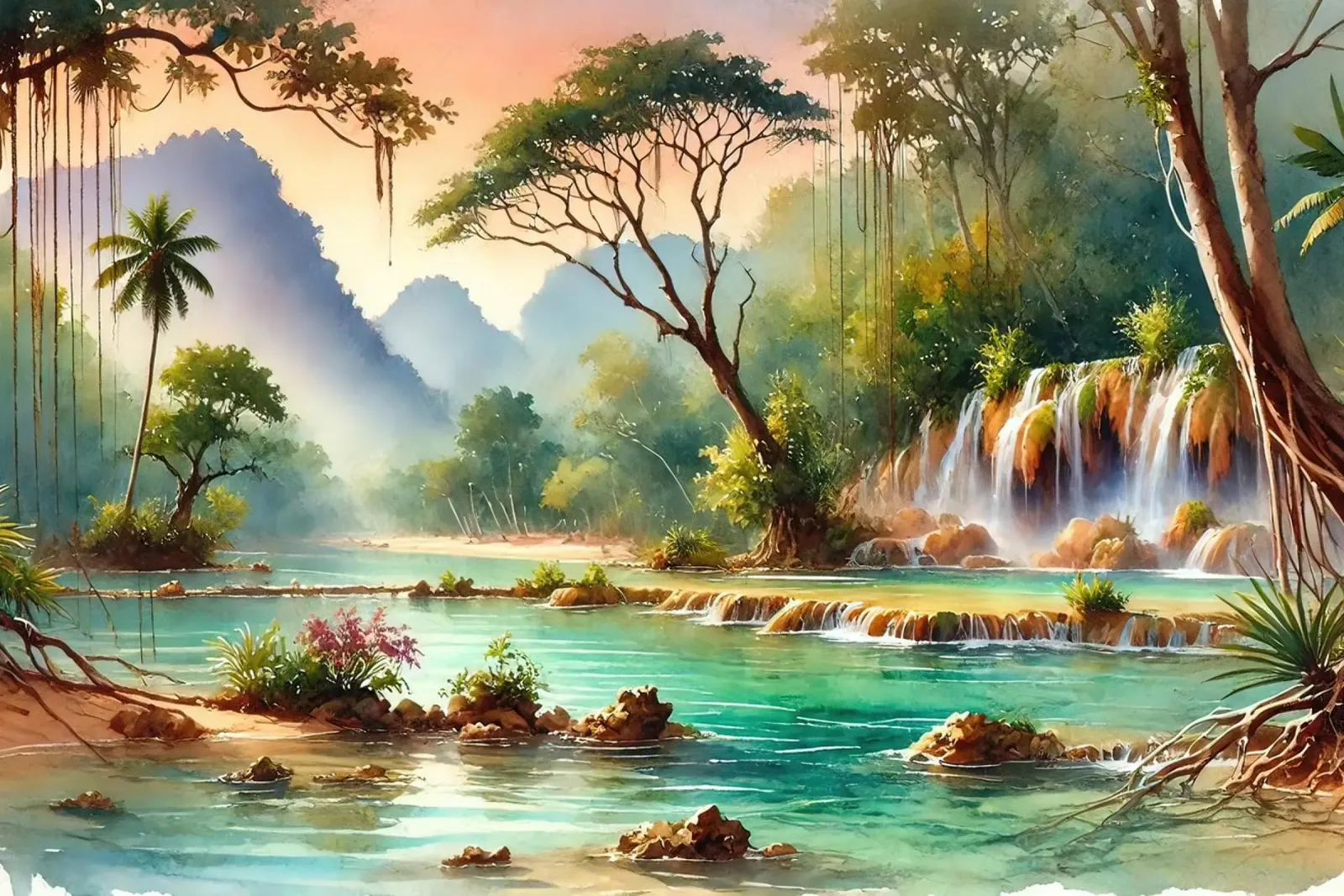 Sogno di un paesaggio acquatico esotico poster con telaio in plastica da Chromatic Fusion Studio
