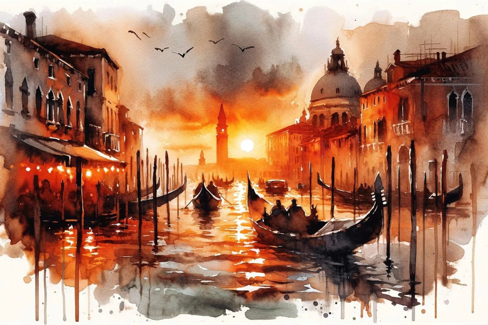 Feuriger Sonnenuntergang über dem Kanal von Venedig Poster von Chromatic Fusion Studio