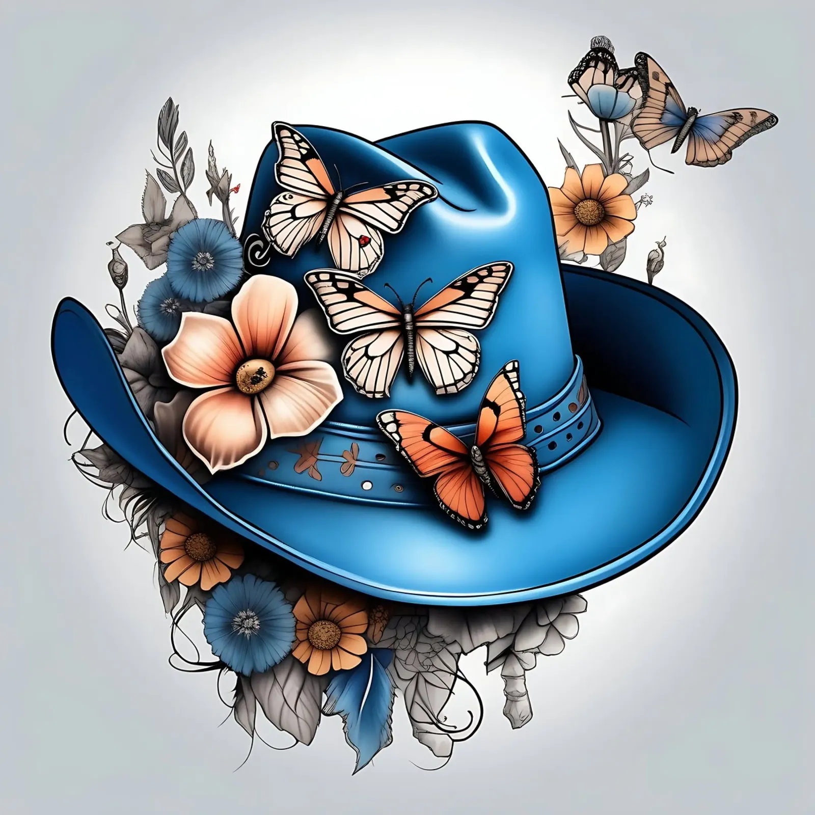 Cappello da cowboy blu, con fiori e farfalle_1 poster con telaio in legno da Farb- und Blütenzauber by LK