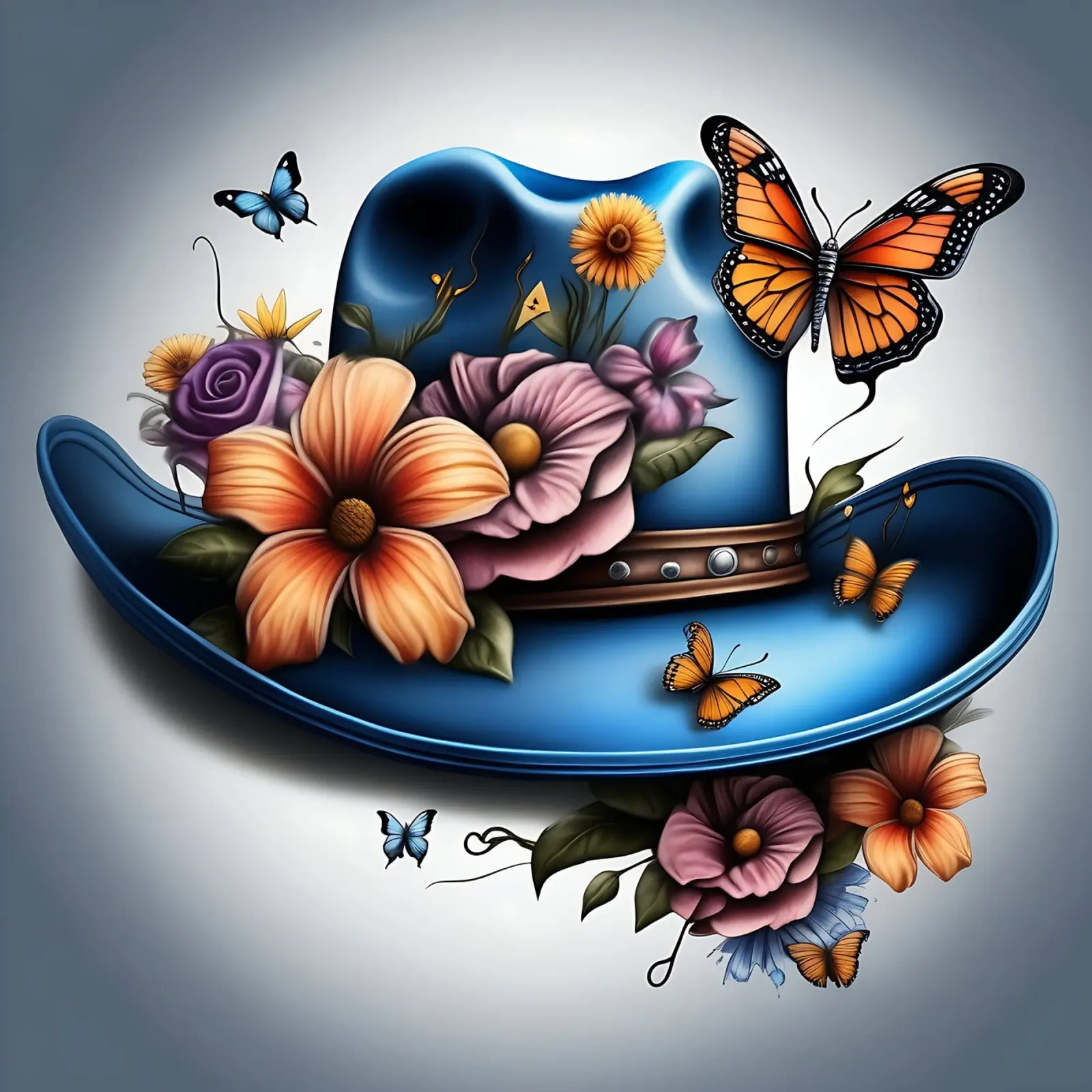 Cappello da cowboy blu, con fiori e farfalle_2 poster con telaio in plastica da Farb- und Blütenzauber by LK
