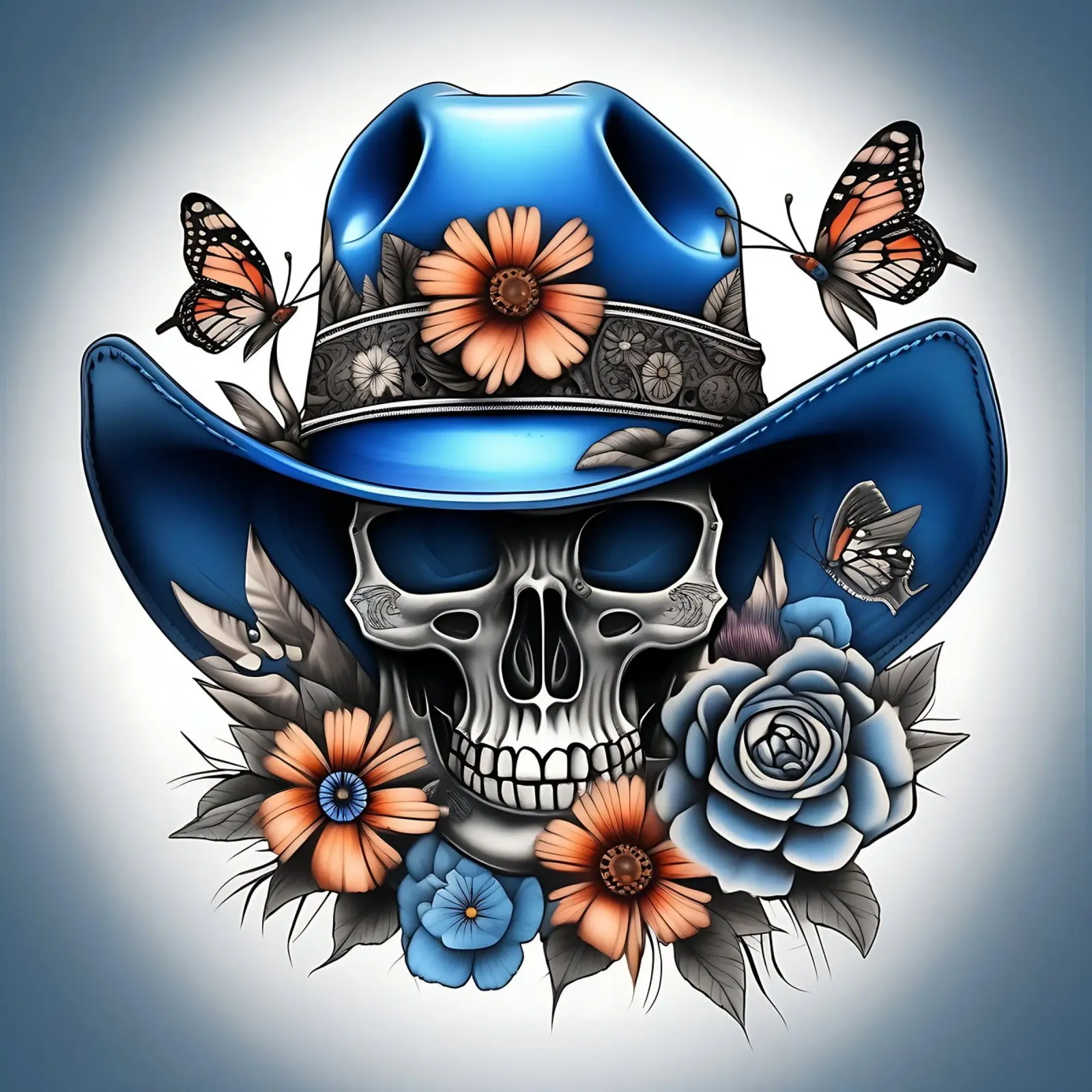 Cappello da cowboy blu con teschio, fiori e farfalle poster con telaio in plastica da Farb- und Blütenzauber by LK