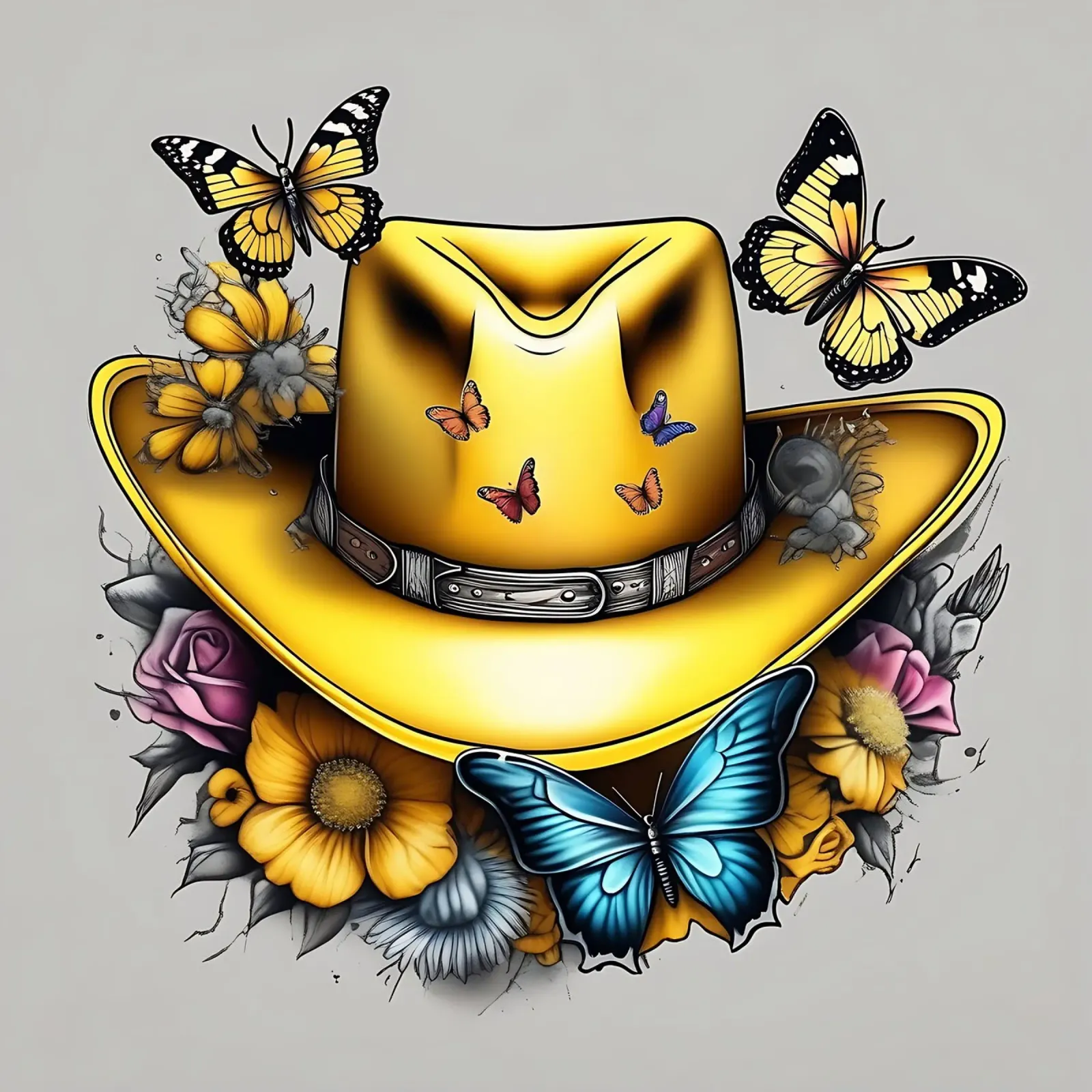 Cappello da cowboy giallo con fiori e farfalle tela con Cornice a cassetta da Farb- und Blütenzauber by LK