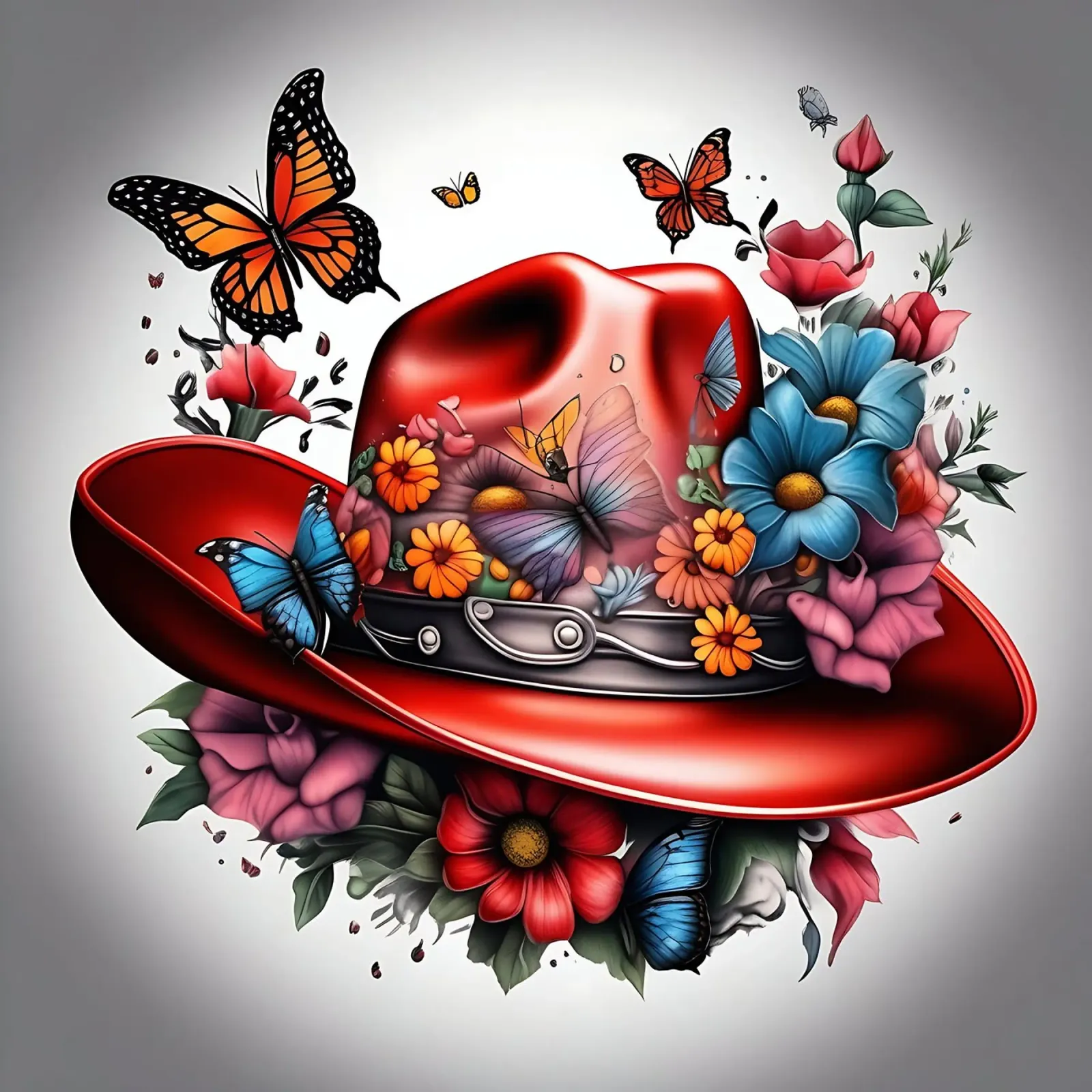 Cappello da cowboy rosso con fiori e farfalle poster con telaio in alluminio da Farb- und Blütenzauber by LK