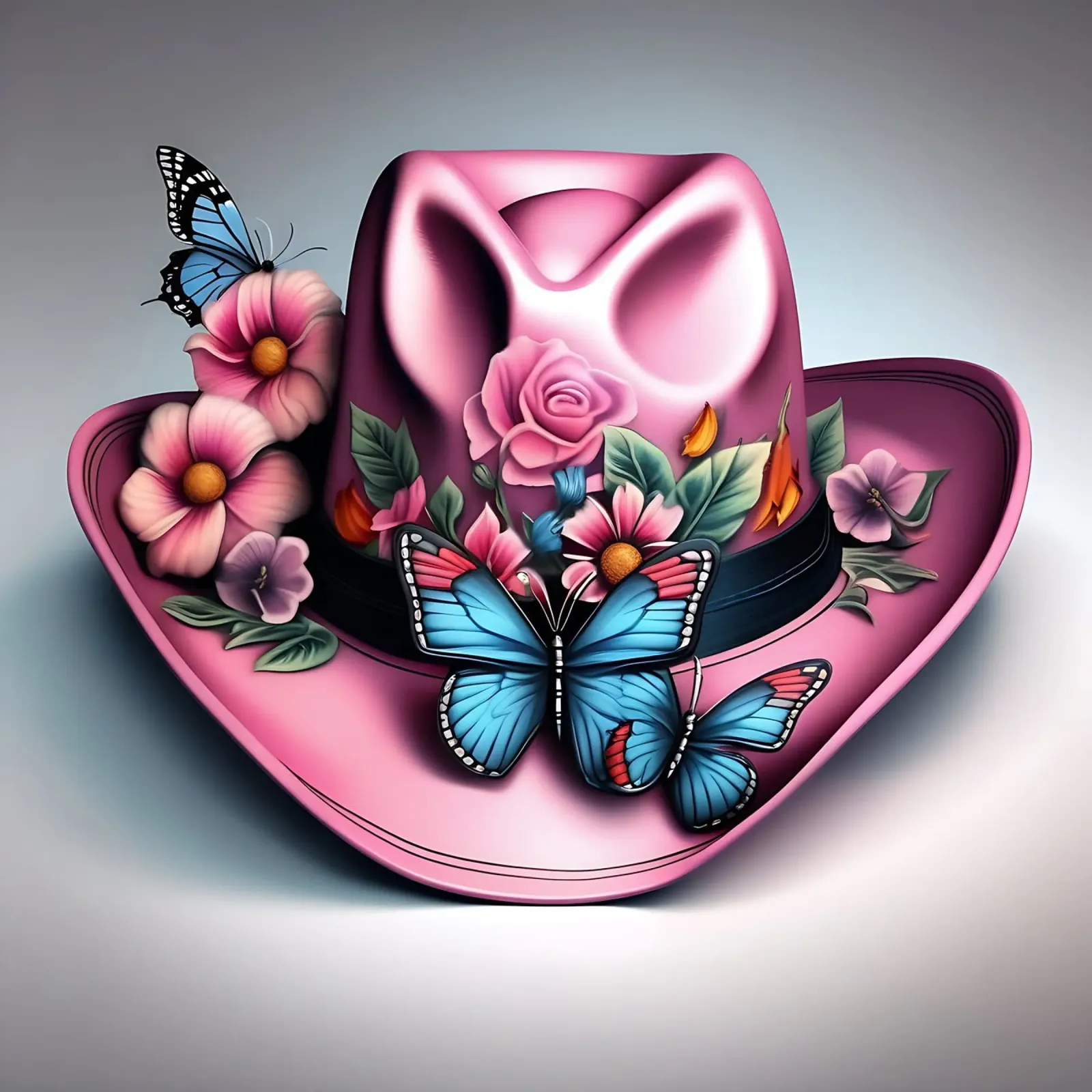 Cappello da cowboy rosa con fiori e farfalle poster con telaio in legno da Farb- und Blütenzauber by LK