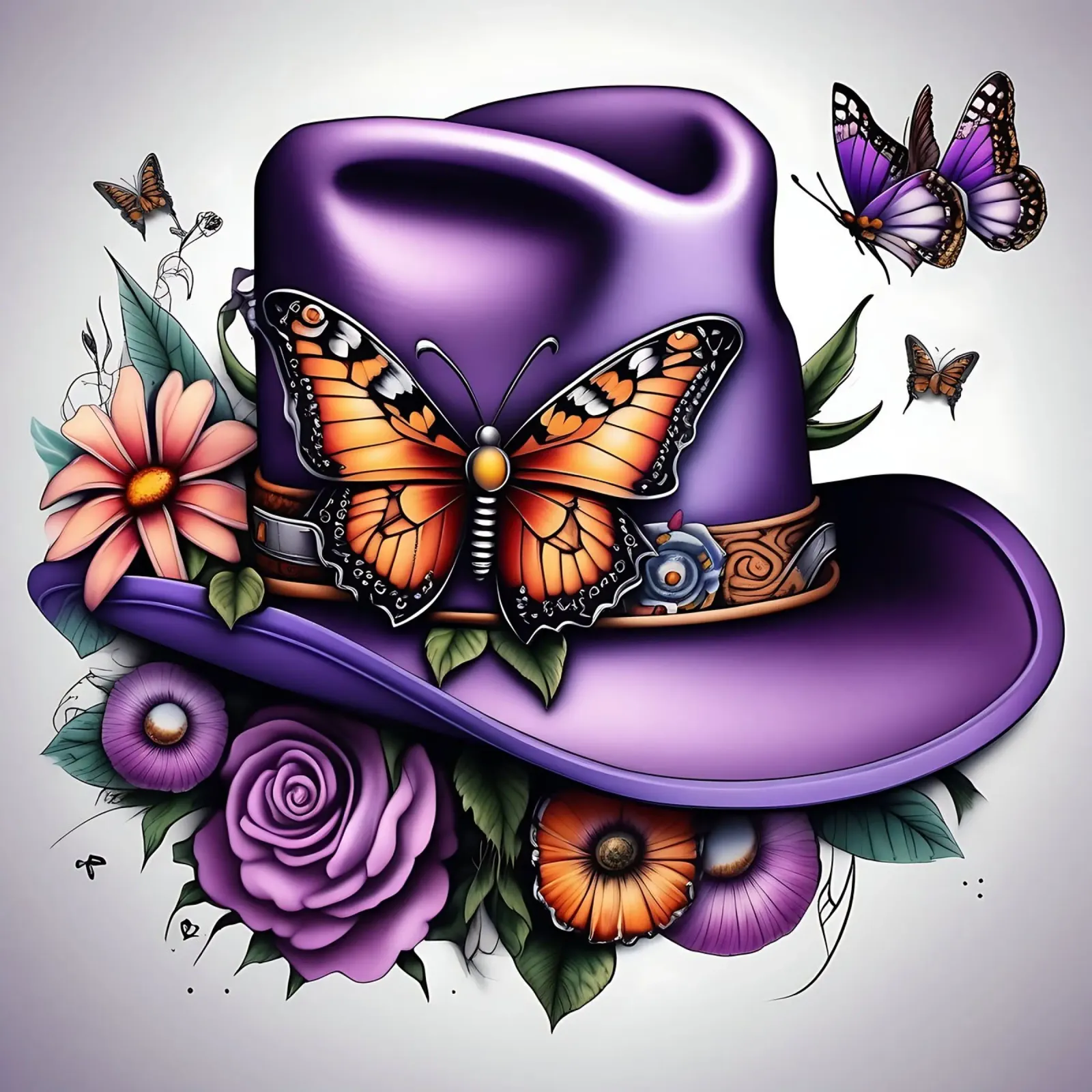 Cappello da cowboy viola con fiori e farfalle poster con telaio in plastica da Farb- und Blütenzauber by LK
