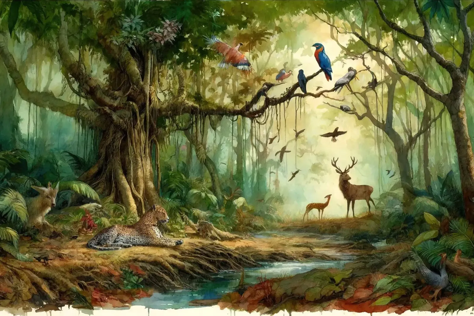 Harmonie unter Dschungelbewohnern Leinwand mit Schattenfugenrahmen von Chromatic Fusion Studio