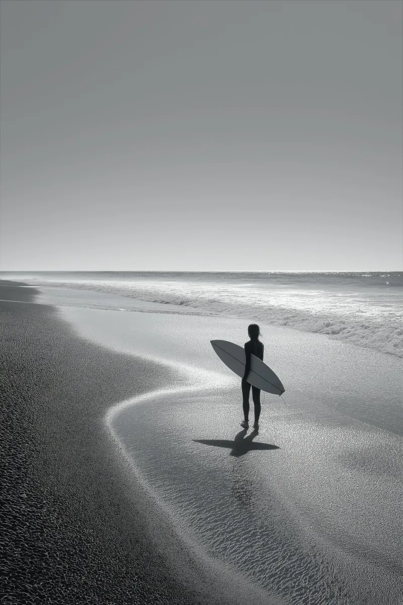 Surfista in bianco e nero sulla spiaggia pellicola backlit da Indigo Tides Art