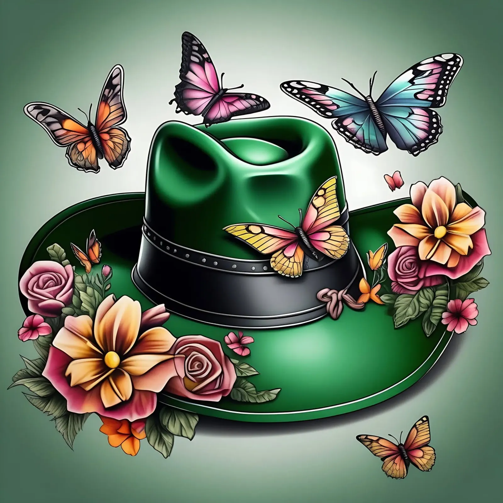 Cappello da cowboy verde, con fiori e farfalle tela con Cornice a cassetta da Farb- und Blütenzauber by LK