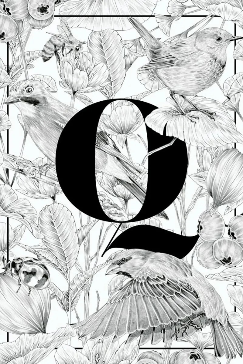 Floral Alphabet Q poster con telaio in alluminio da Faunesque