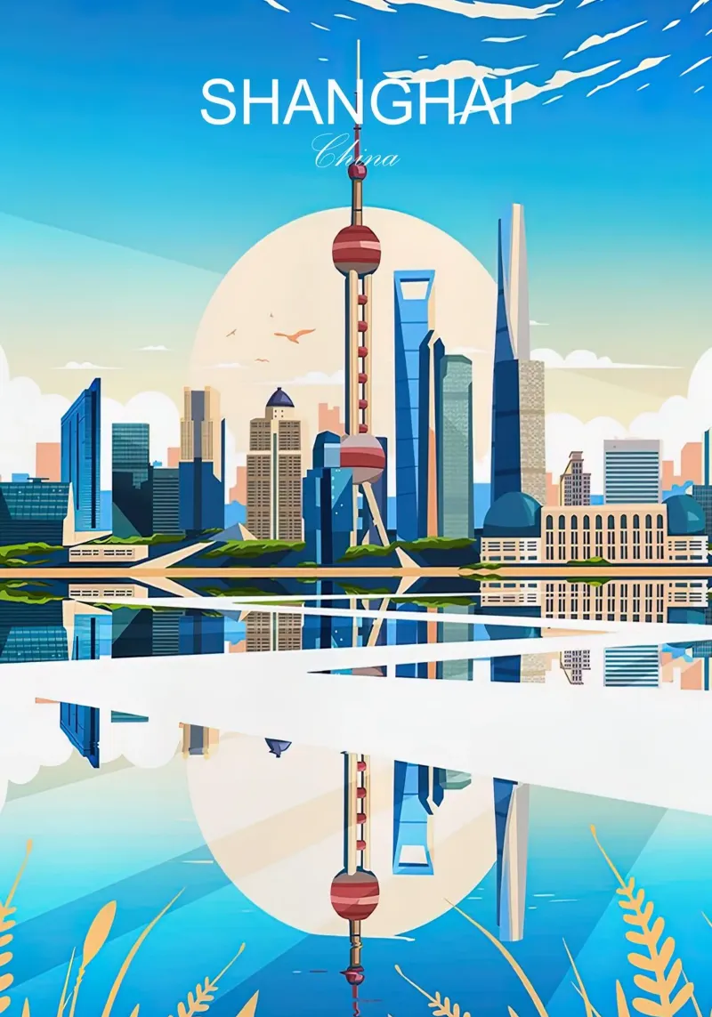 Viaggio vintage a Shanghai poster con telaio in legno da Liliestudio
