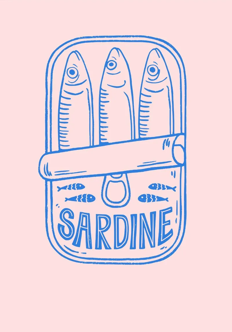 Quirky Blue Sardine Tin Illustration on Soft Pink Background canvas with Floater frame by pdigitalprints