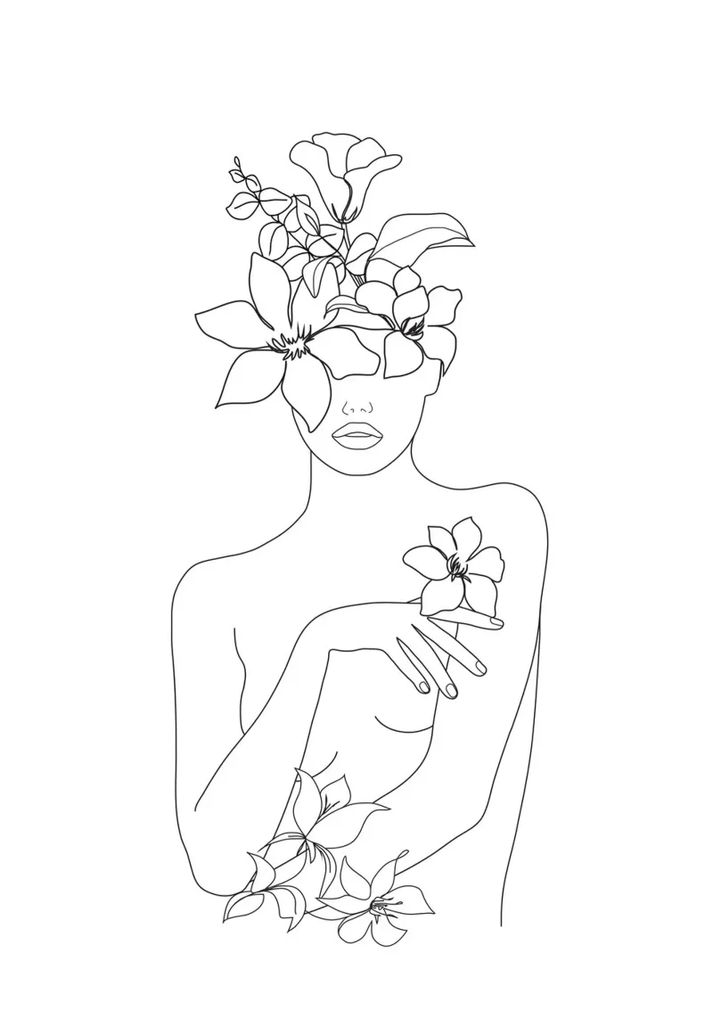 Minimal Line Art Woman with Flowers IV canvas by Nadjaa