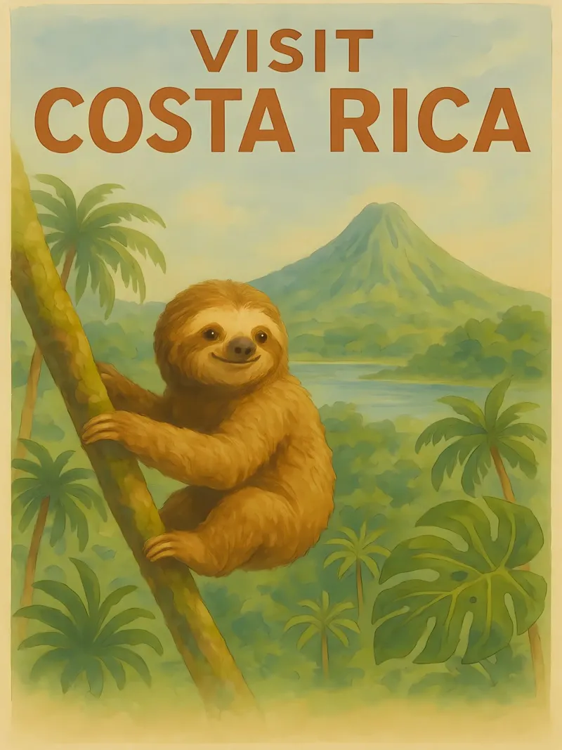 Poster di viaggio del Costa Rica con un simpatico bradipo poster da flufftee
