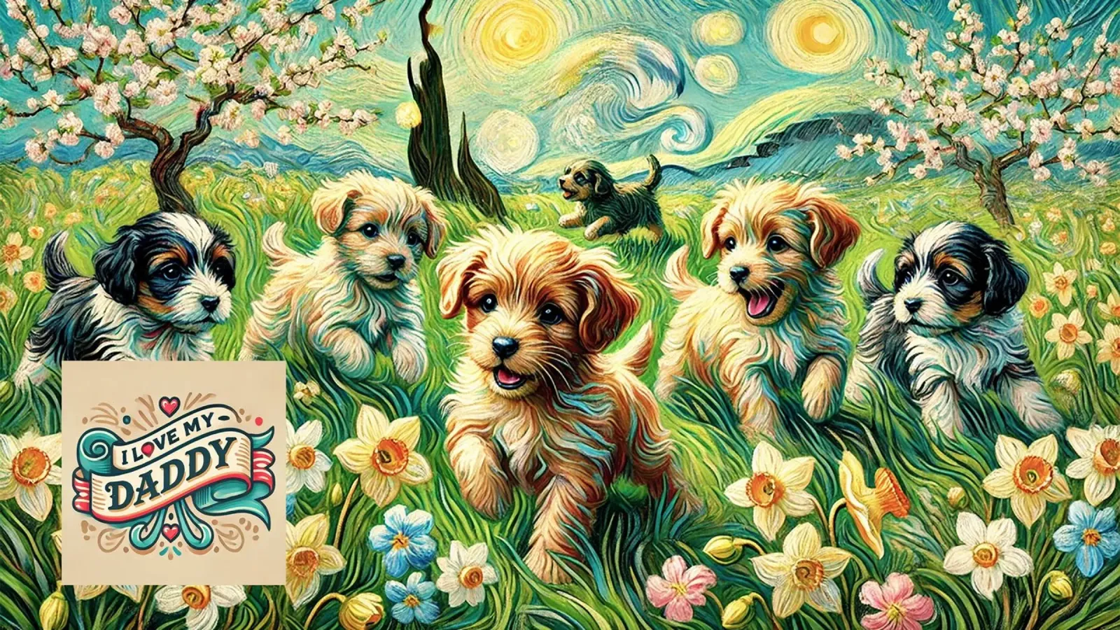 I LOVE MY DADDY IN SPRING, Puppy Dog Edition, Van Gogh Style carta hahnemühle da Vintage Van Gogh