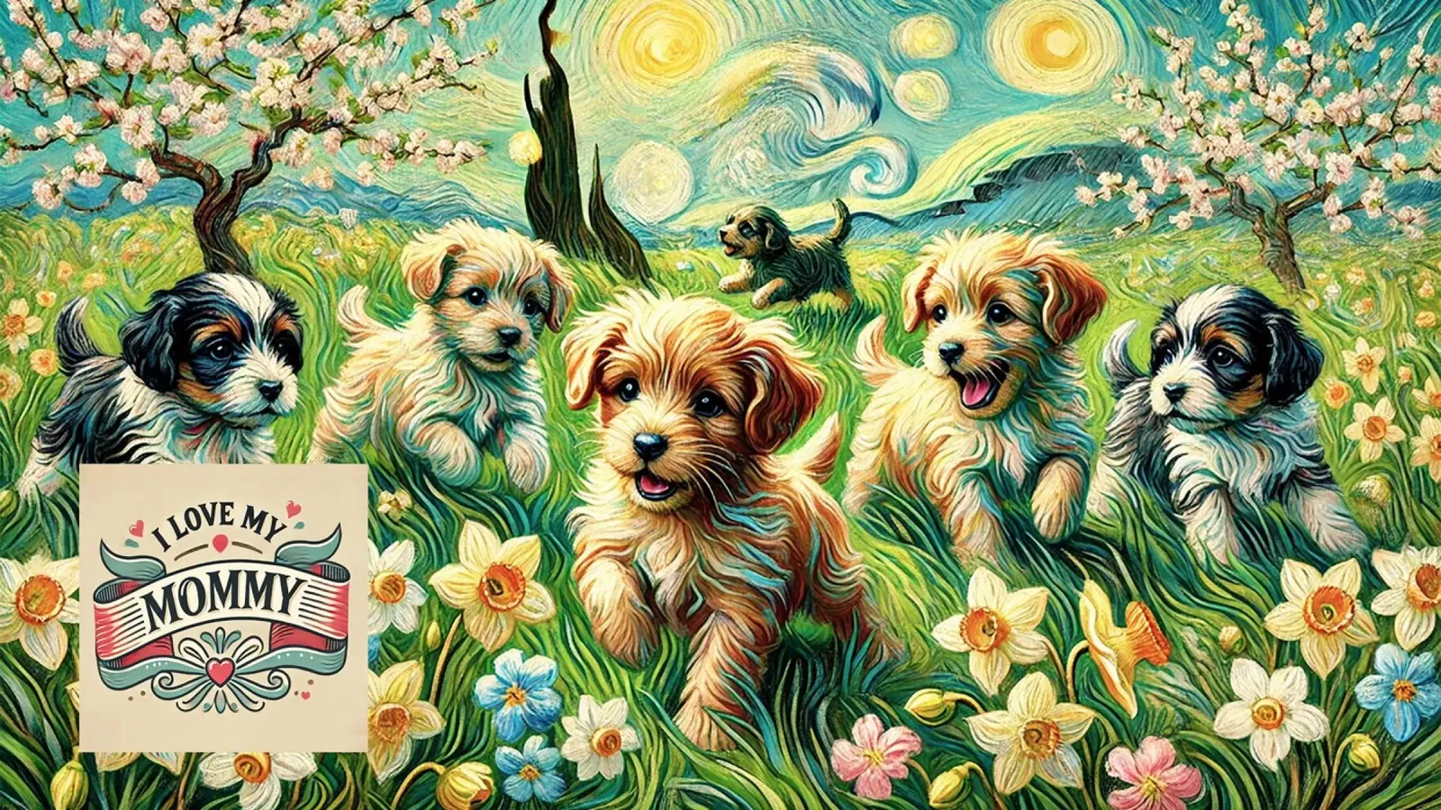 I LOVE MY MOMMY IN SPRING, Puppy Dog Edition poster con telaio in plastica da Vintage Van Gogh