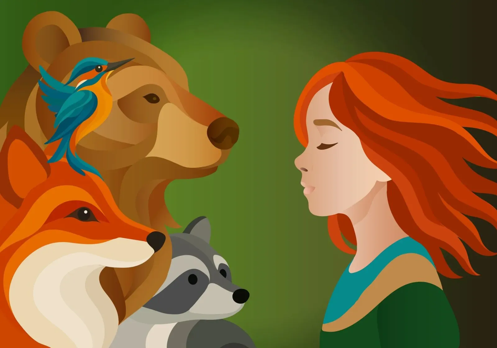 Ragazza con capelli rossi e animali della foresta - solidarietà poster con telaio in legno da namosh