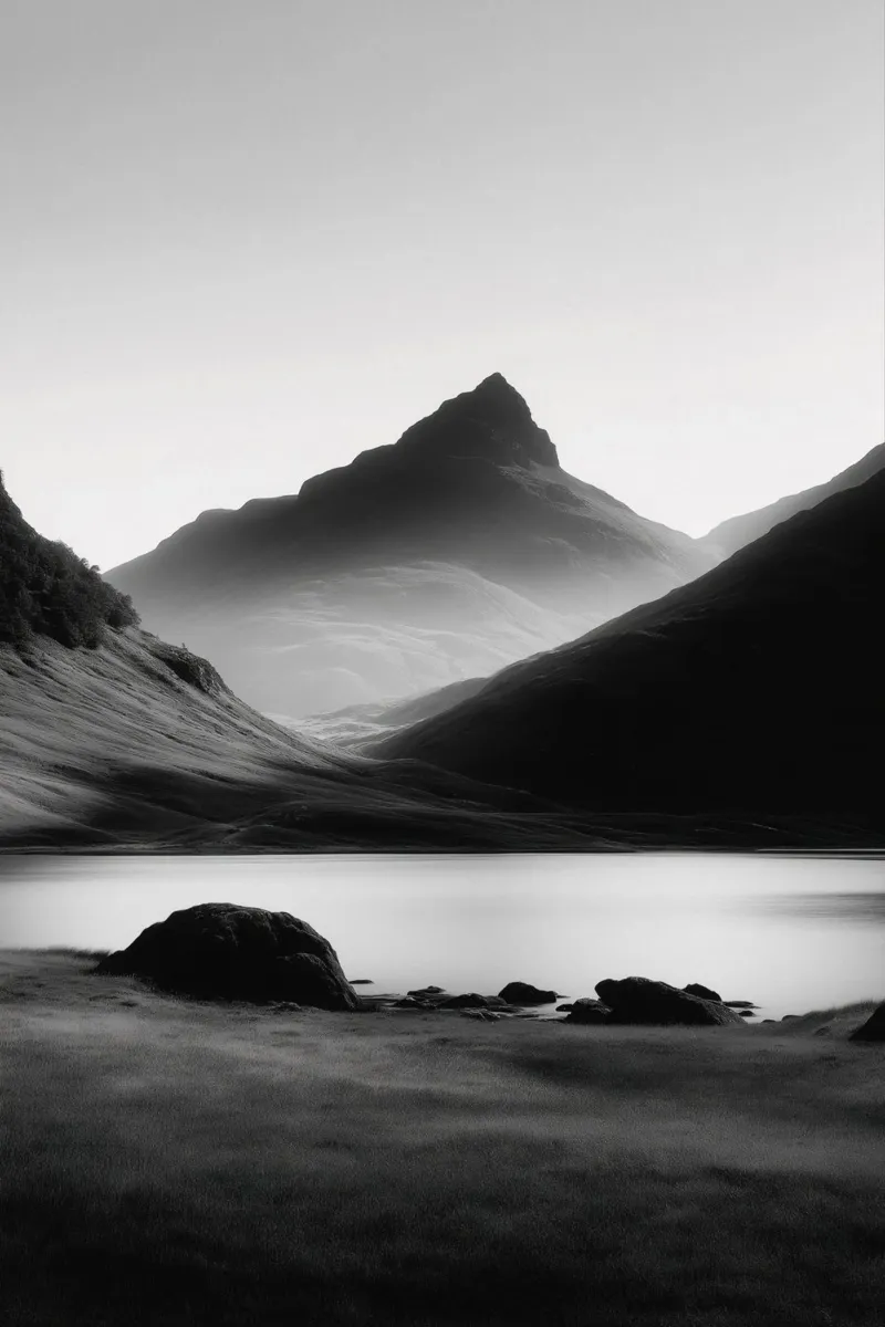 Paesaggio di montagna in bianco e nero pellicola backlit da Indigo Tides Art