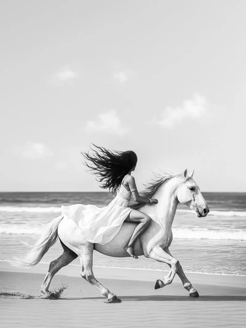 Cavallo Boho a cavallo Fotografia di spiaggia in bianco e nero poster con telaio in alluminio da Dagmar Pels