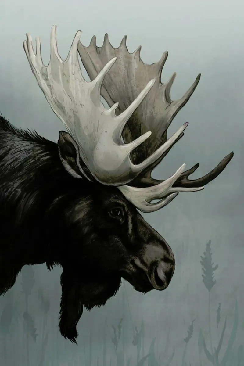 Misty Morning Moose poster con telaio in legno da Laura Graves