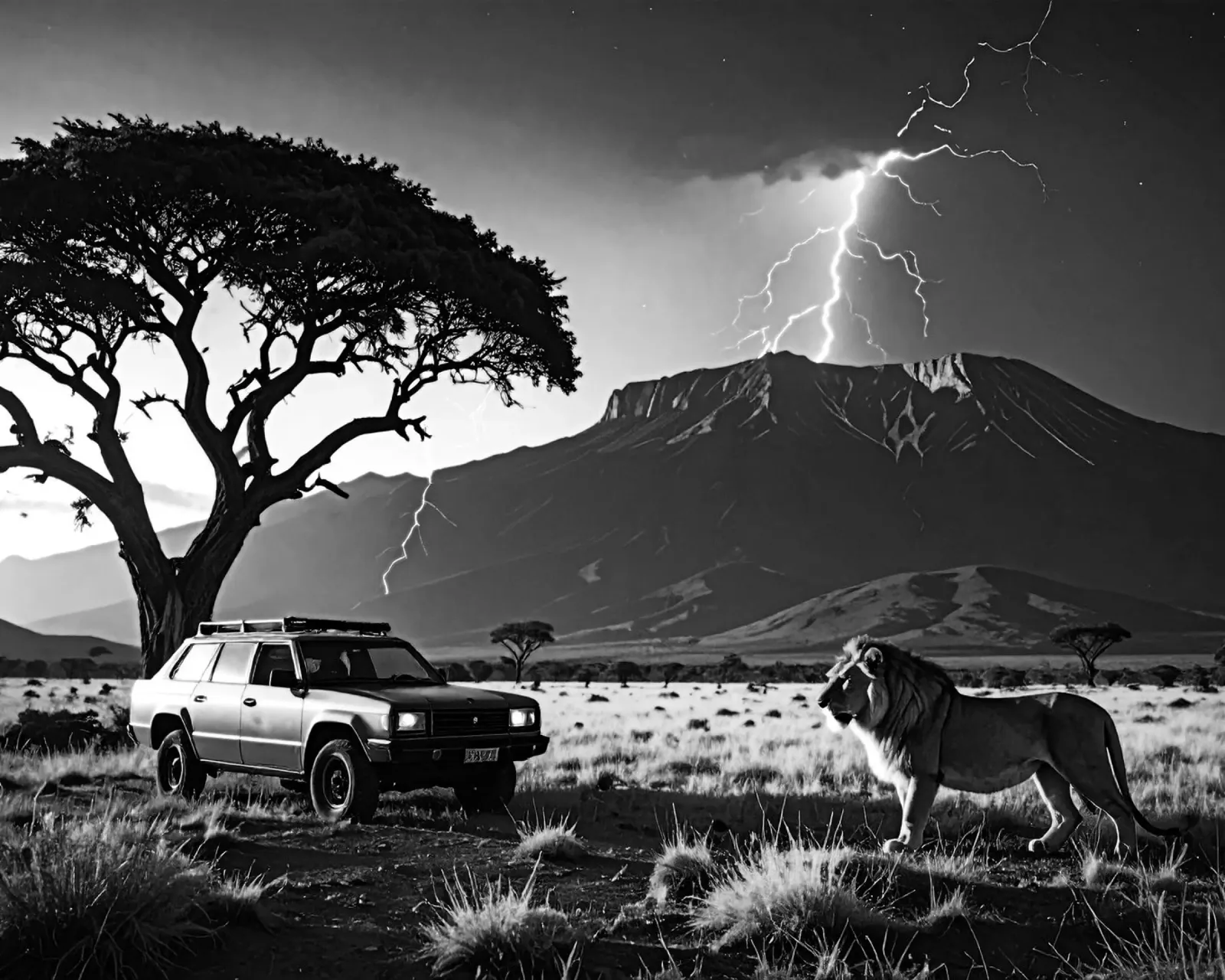 SAVANE AVEC LION. Noir et blanc poster con telaio in legno da Thierry vobmann photography