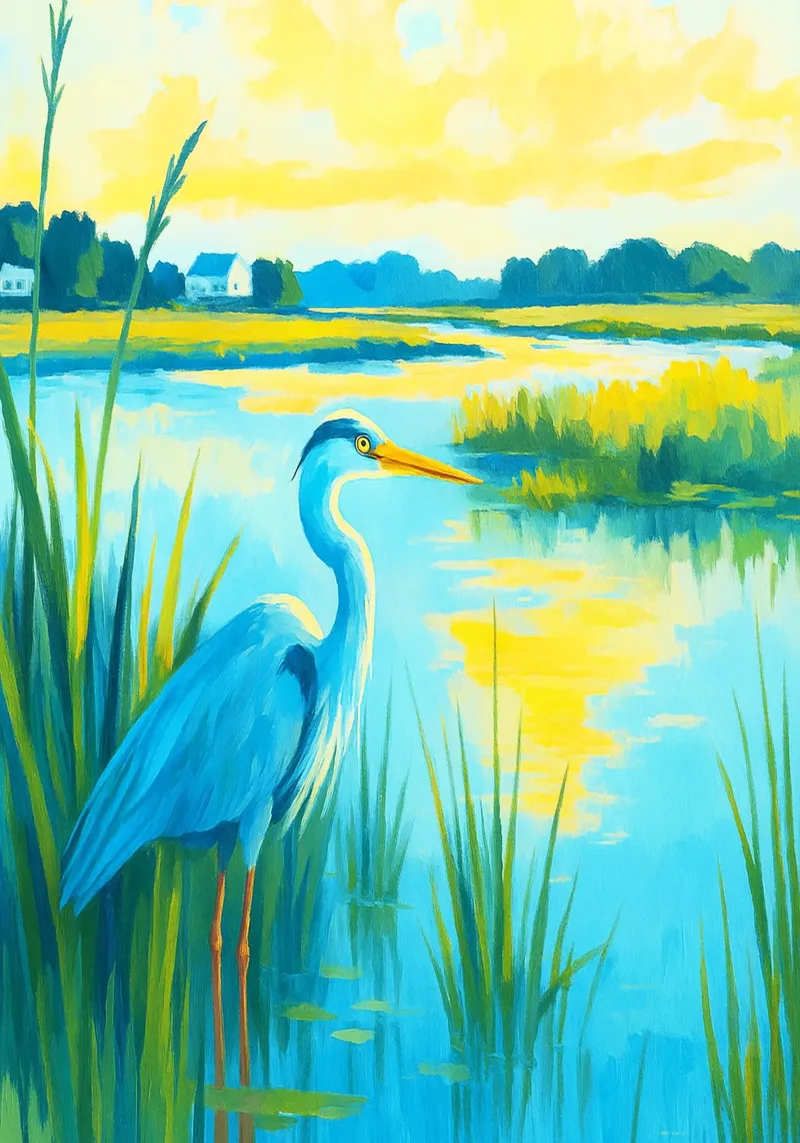 pelikaan in de rivier abstracte tekening ilustratie poster met houten frame van danine