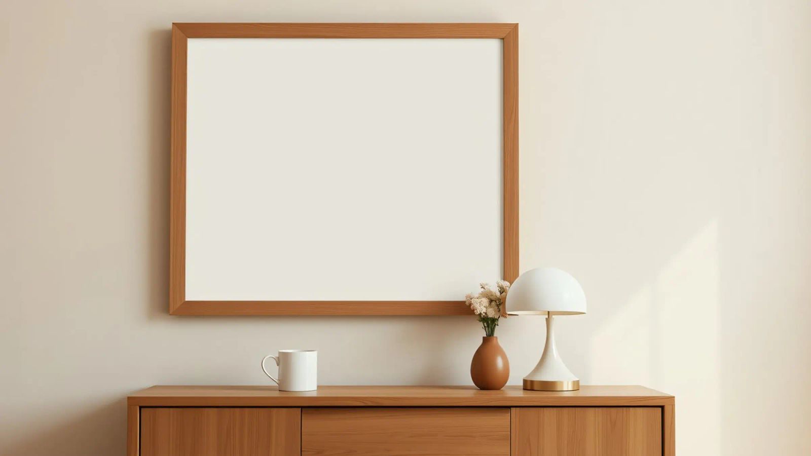 Modern interior featuring a blank frame and minimal decor poster with wooden frame by DesignDoodle