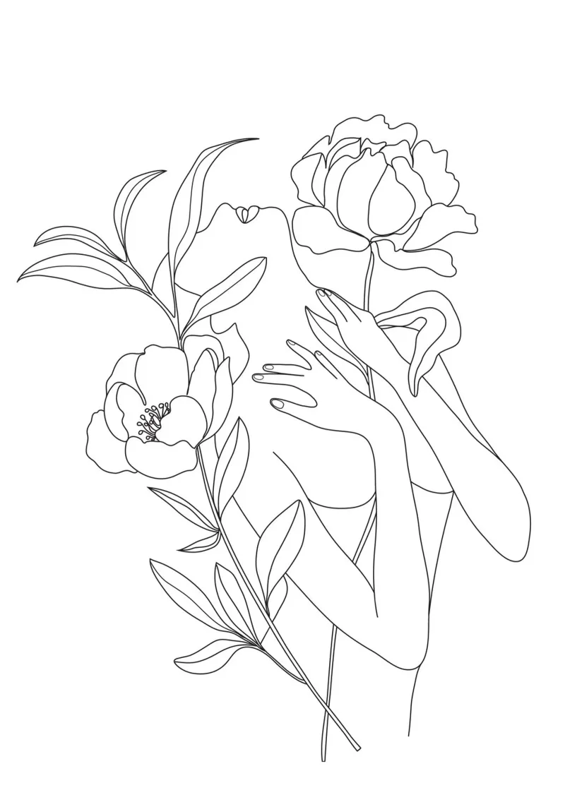 Minimal Line Art Woman with Peonies alu-dibond by Nadjaa