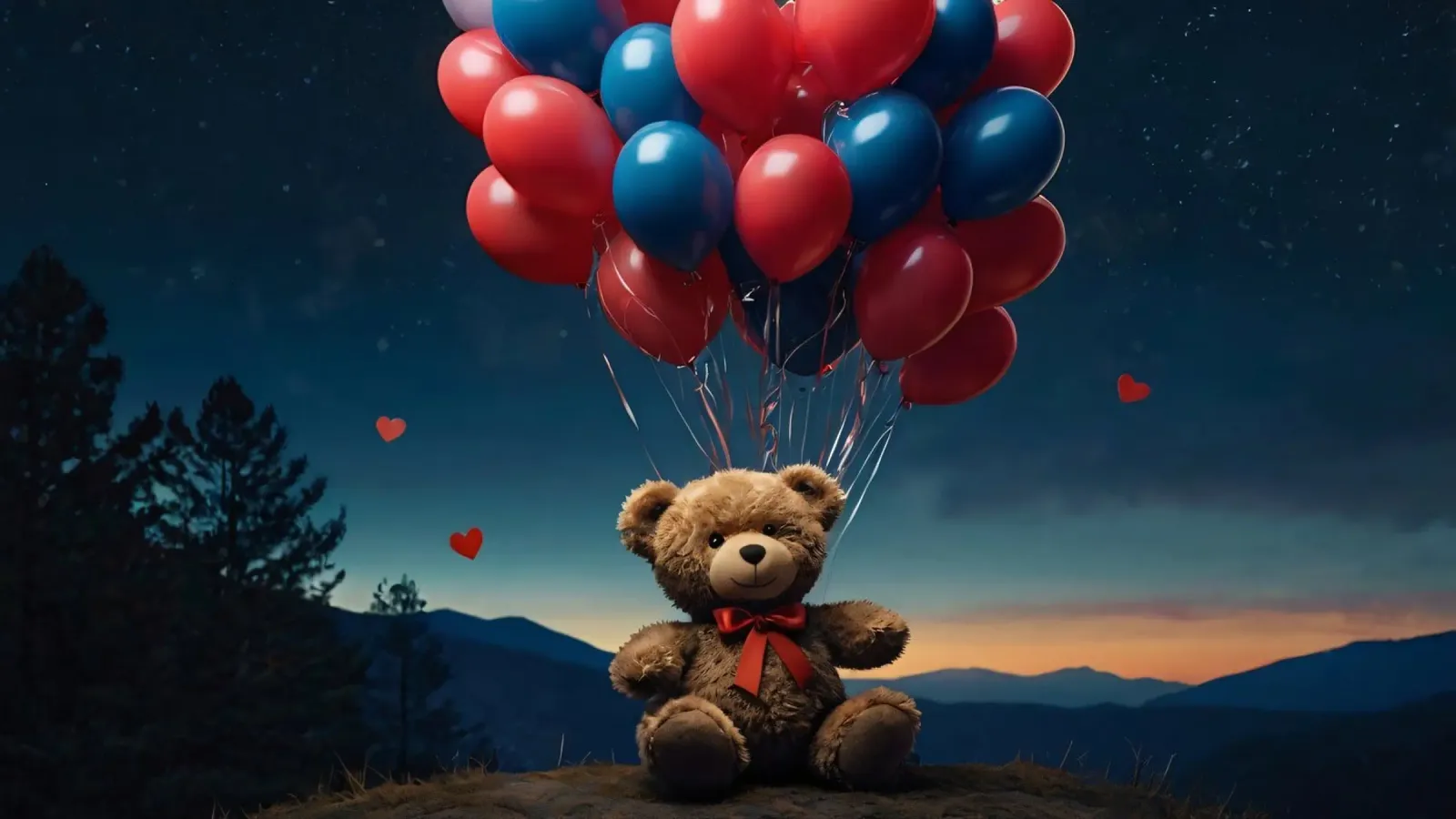 Teddy bear holding colorful balloons at dusk with mountains canvas with Floater frame by DesignDoodle