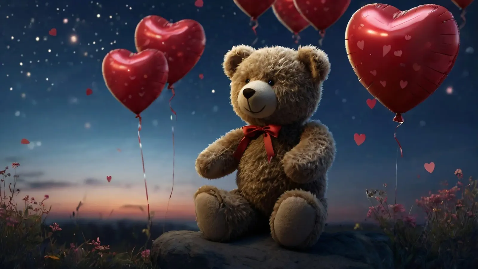 Osito de peluche rodeado de globos en forma de corazón bajo estrellas hahnemühle de DesignDoodle
