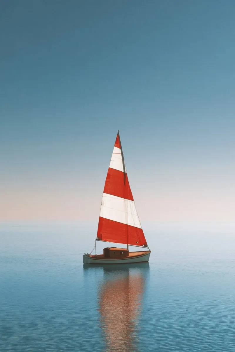 Barca a vela rossa e bianca su un mare calmo pellicola backlit da Indigo Tides Art