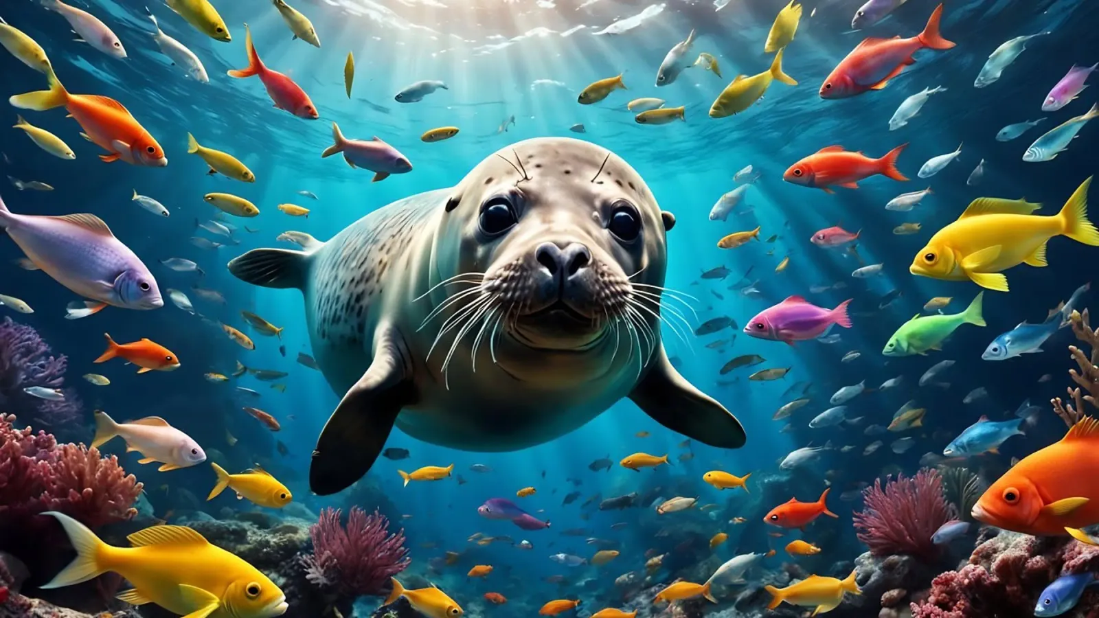 Immersione di una foca tra pesci colorati carta hahnemühle da Wild Beauty