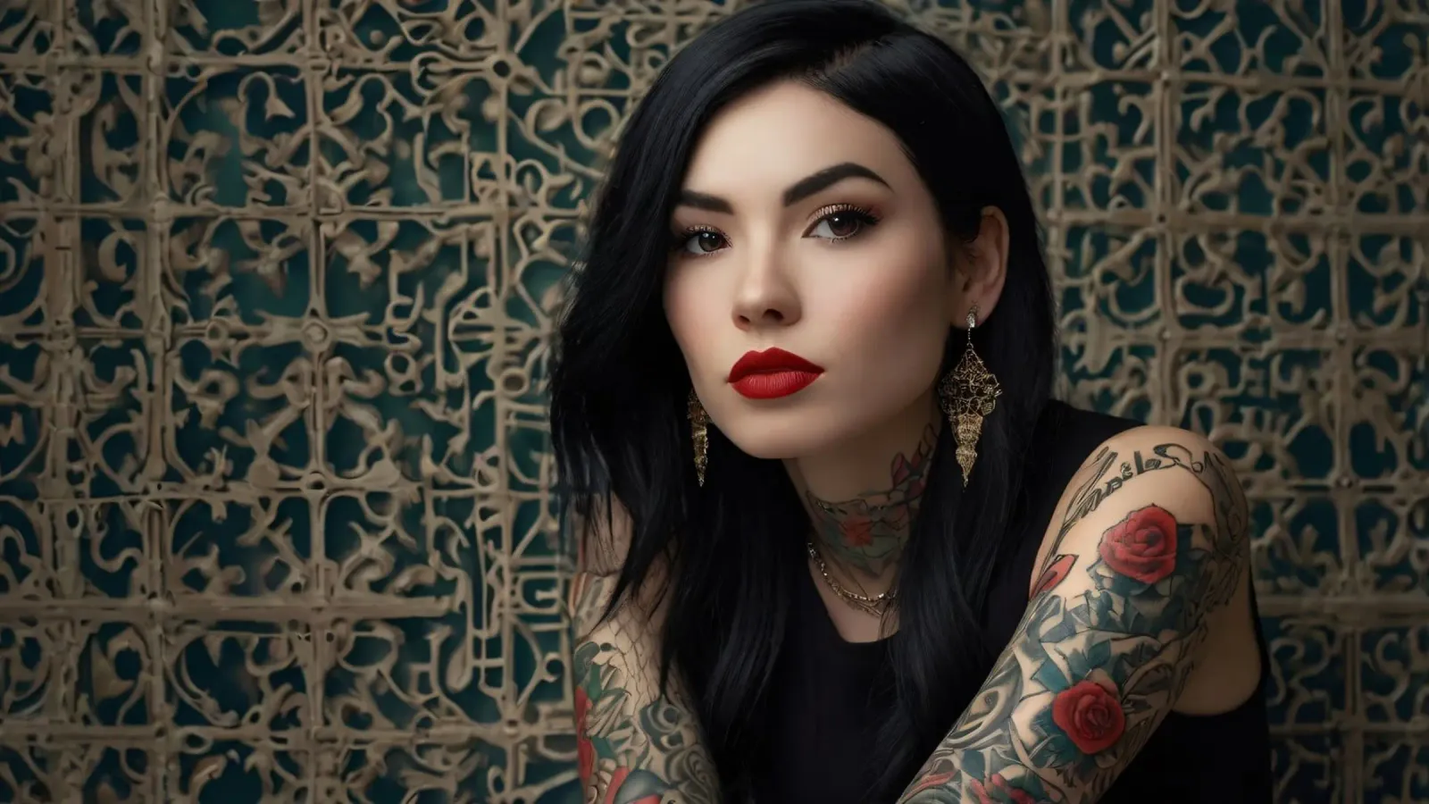 Una donna moderna con tatuaggi intricati posa contro un'immagine ornata. plexiglass da DesignDoodle