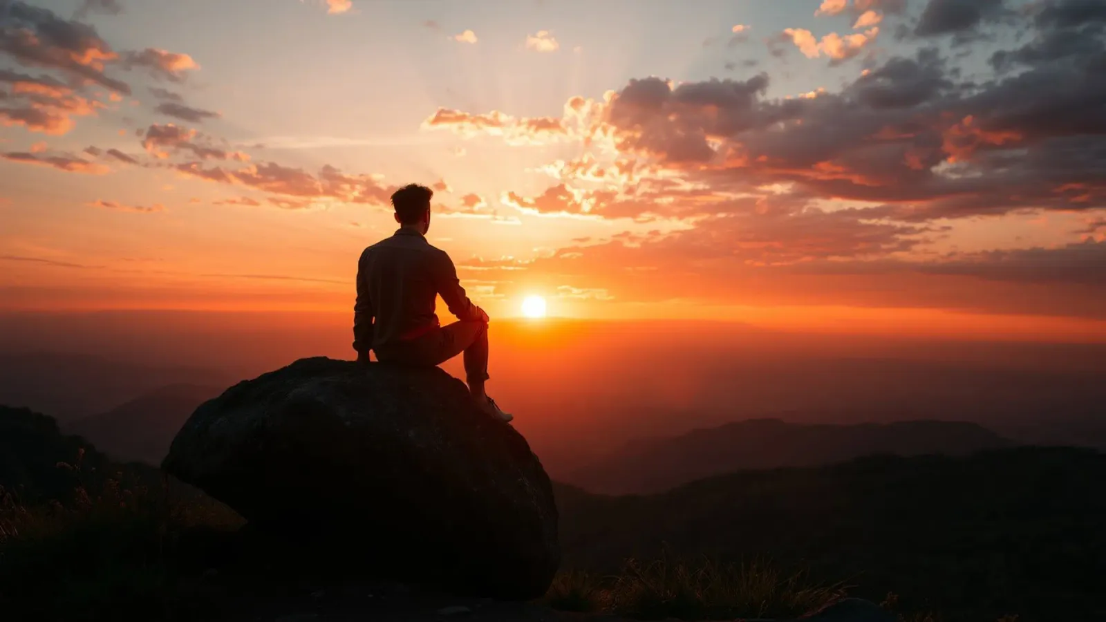 Person sits on a rock watching sunset over a mountains canvas with Floater frame by DesignDoodle