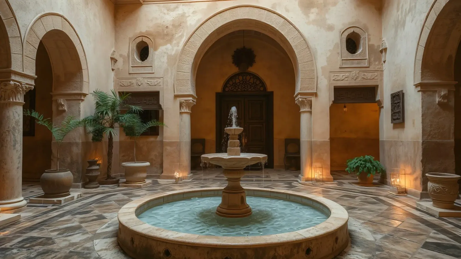 Beautiful courtyard featuring an ornate fountain canvas by DesignDoodle