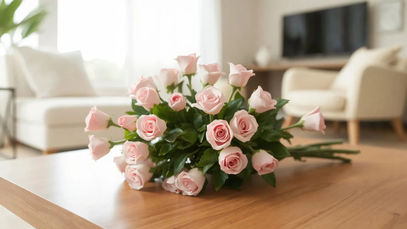Bellissimo bouquet di rose rosa appoggiato su un tavolo di legno poster con telaio in legno da DesignDoodle
