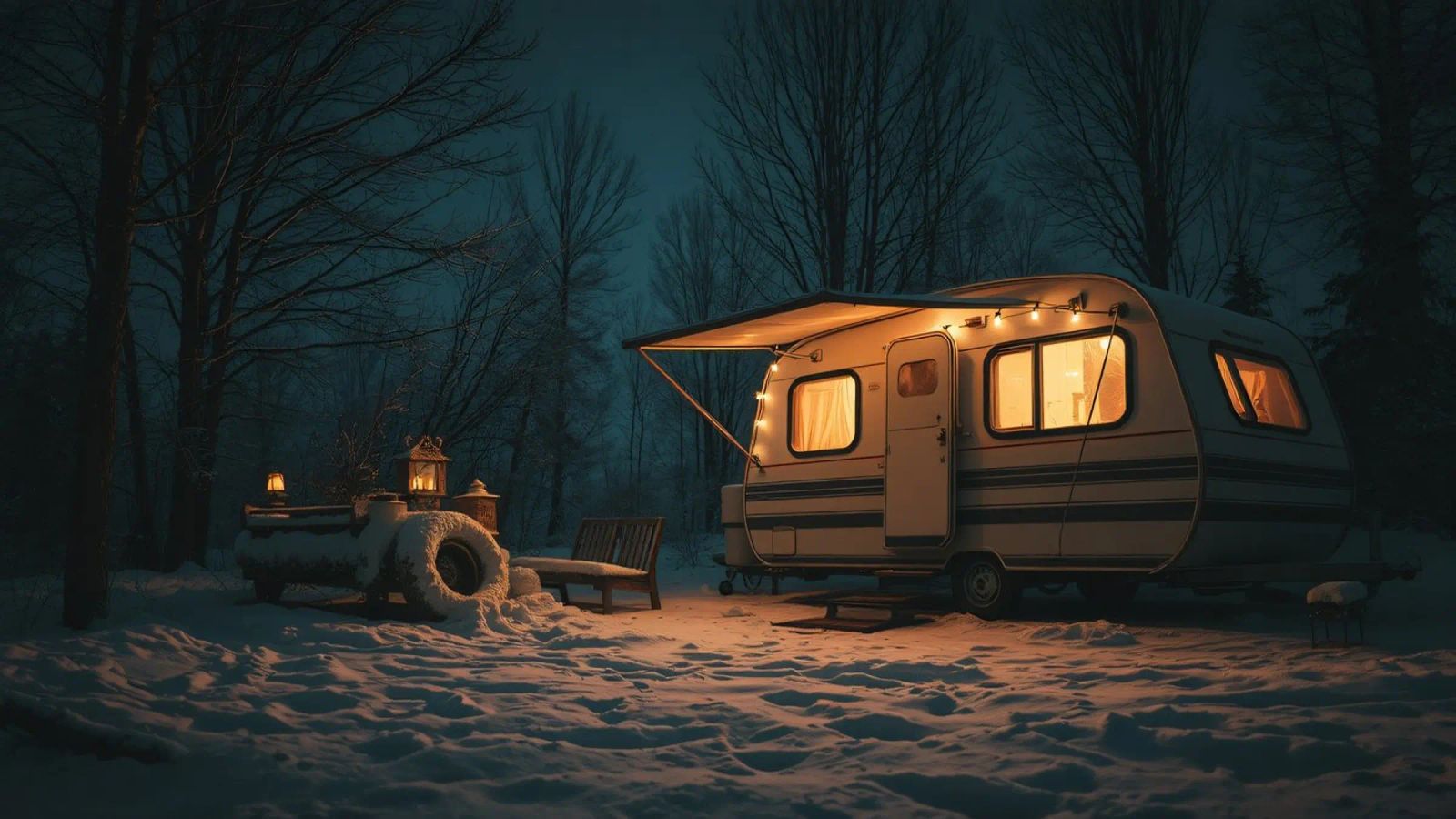 Accogliente notte d'inverno in un camper nei boschi innevati, con un caldo poster da DesignDoodle