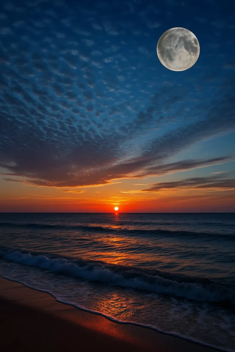 Tramonto con luna piena in spiaggia pellicola backlit da RealLifeMoments